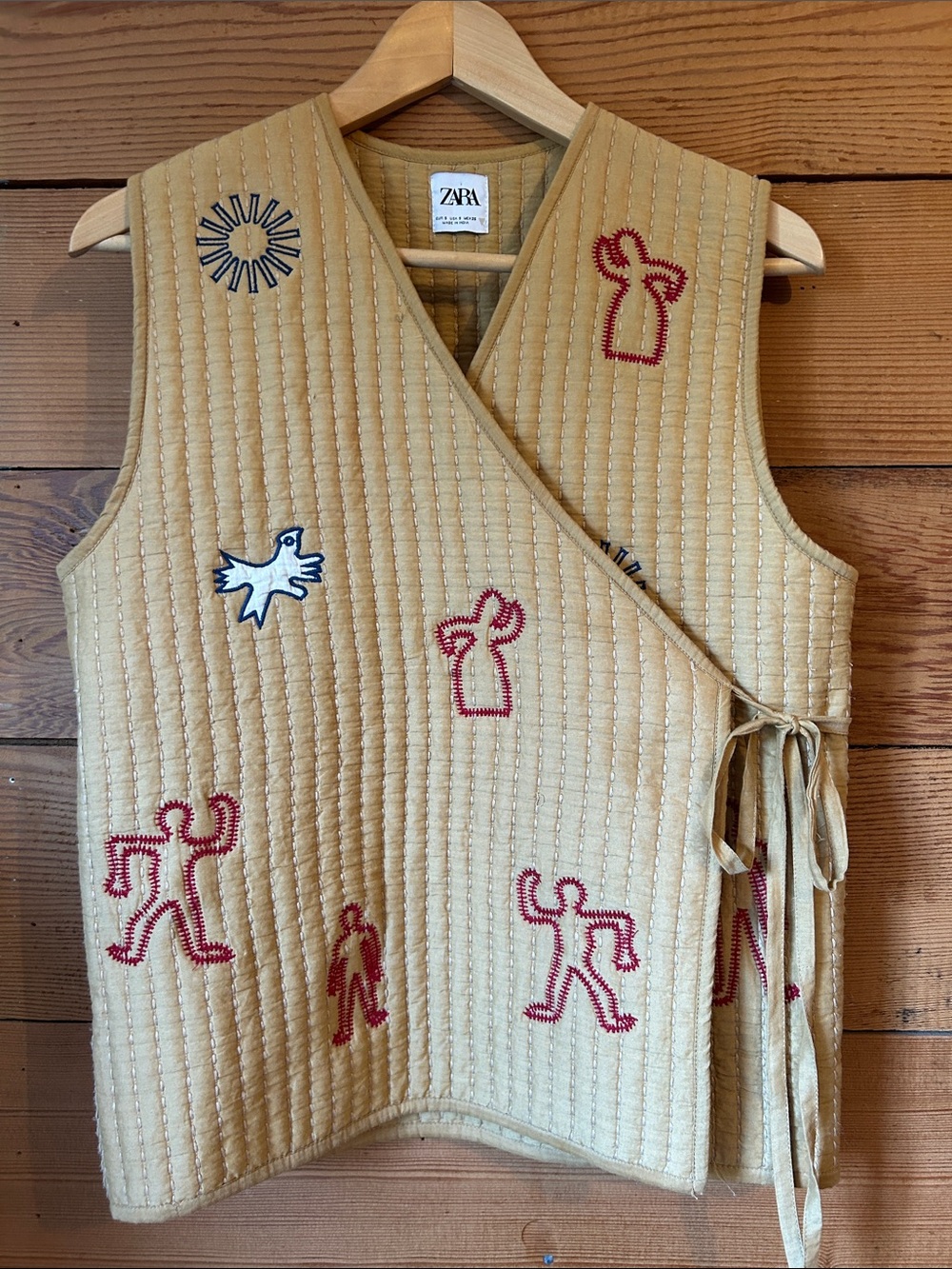 ZARA Quilted Tan Embroidered Wrap Vest